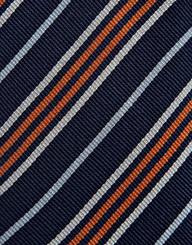Corbata seda marino rayas naranja/blanco