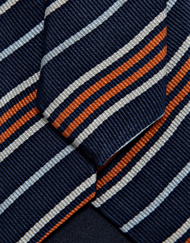 Navy silk tie with orange/white stripes