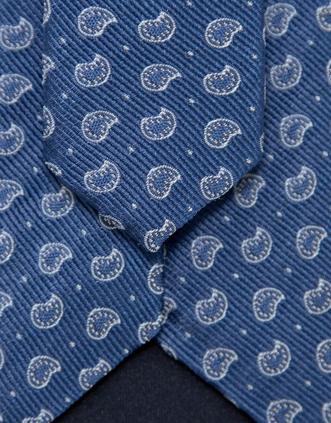 Corbata seda azul con jacquard cachemires plata