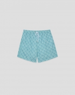 Ba&ntilde;ador estampado geom&eacute;trico azul verdoso y blanco