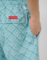 Blue-green and white geometric print swimsuit