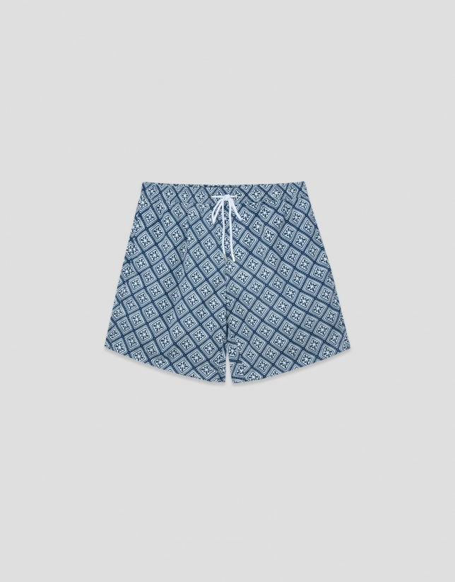 Navy blue and white geometric print swimsuit