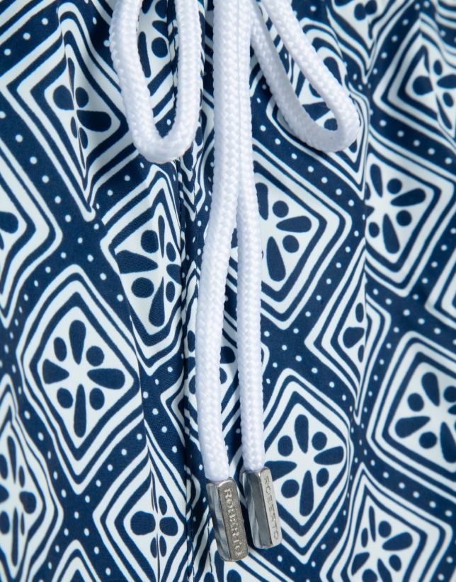 Navy blue and white geometric print swimsuit
