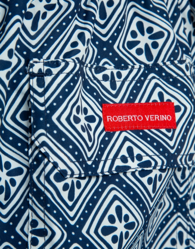 Navy blue and white geometric print swimsuit