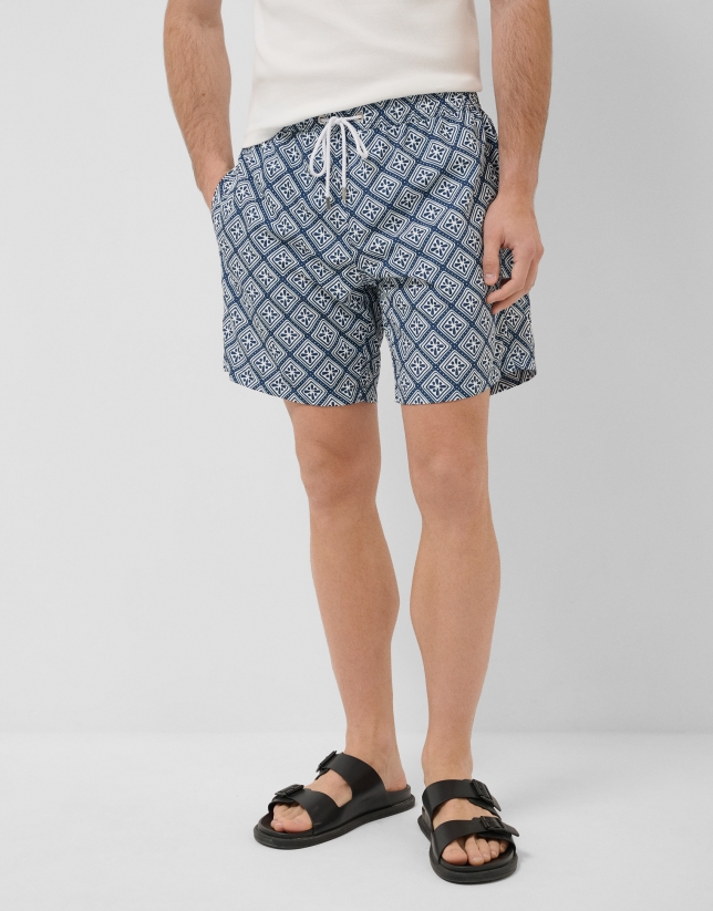 Navy blue and white geometric print swimsuit