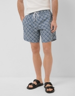 Navy blue and white geometric print swimsuit