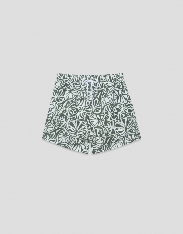 Ba&ntilde;ador estampado flor tropical caqui y blanco