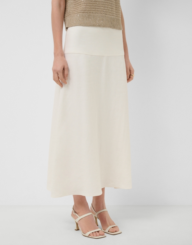 Off-white linen blend flared midi skirt