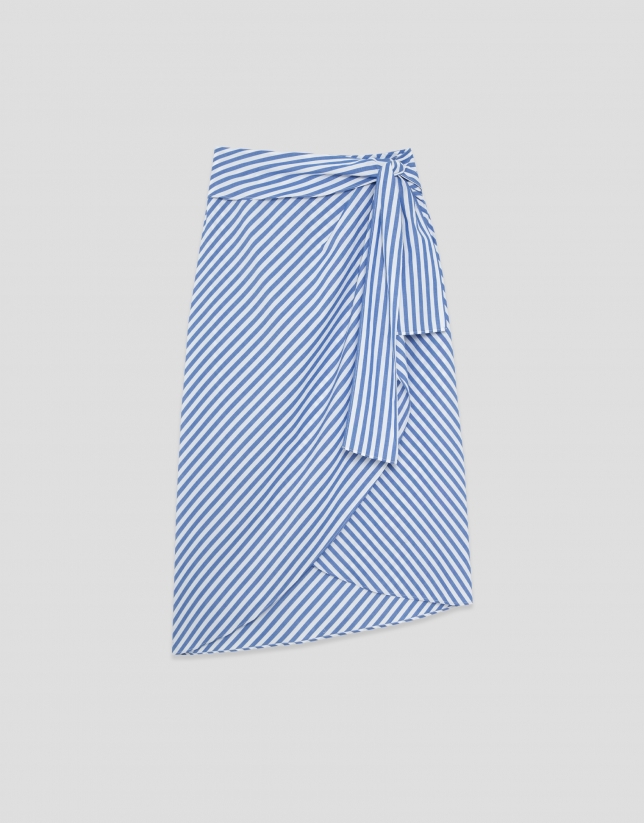 Falda midi anudada algod&oacute;n blanco con listas azules