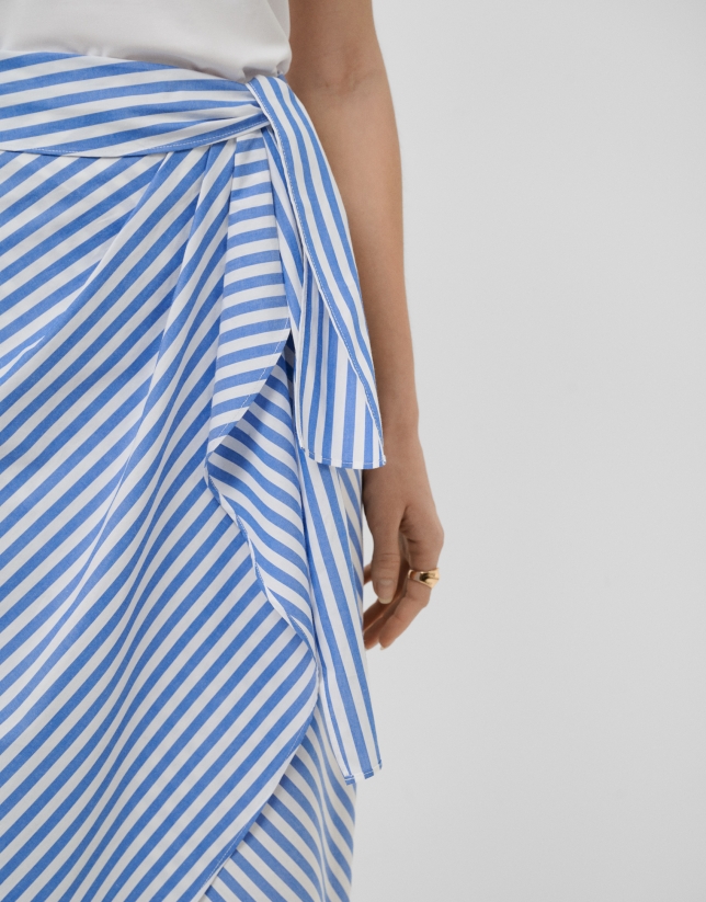 White cotton knotted midi skirt with blue stripes