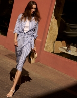 White cotton knotted midi skirt with blue stripes