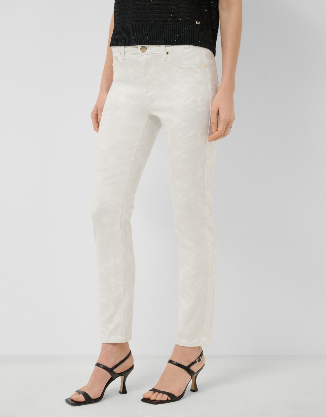 White five-pocket trousers with silver laminated print