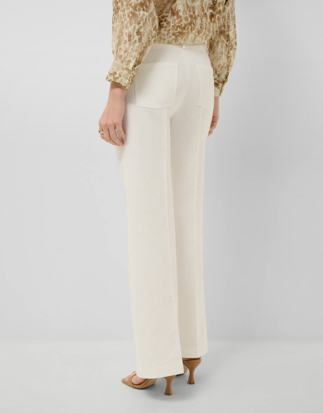 White cotton jacquard four-pocket trousers