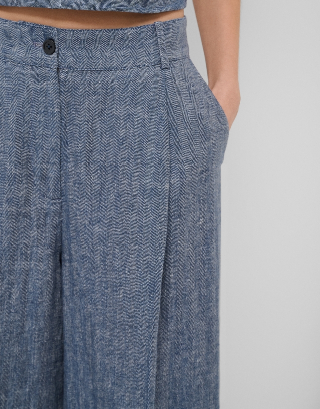 Wide-leg trousers with pleats in blue linen