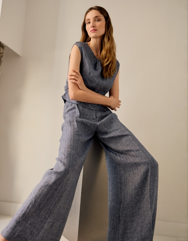 Pantal&oacute;n ancho con pinzas lino azul