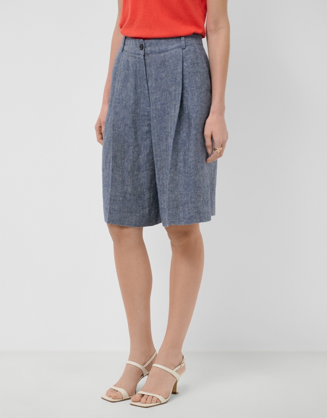 Long five-pocket blue linen Bermuda shorts