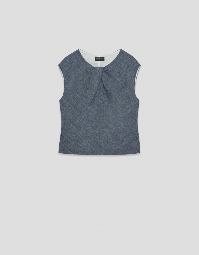 Blue linen gathered sleeveless blouse