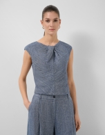 Blue linen gathered sleeveless blouse