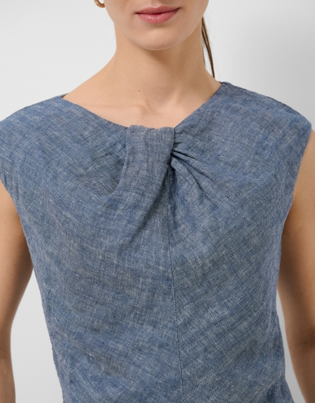 Blue linen gathered sleeveless blouse