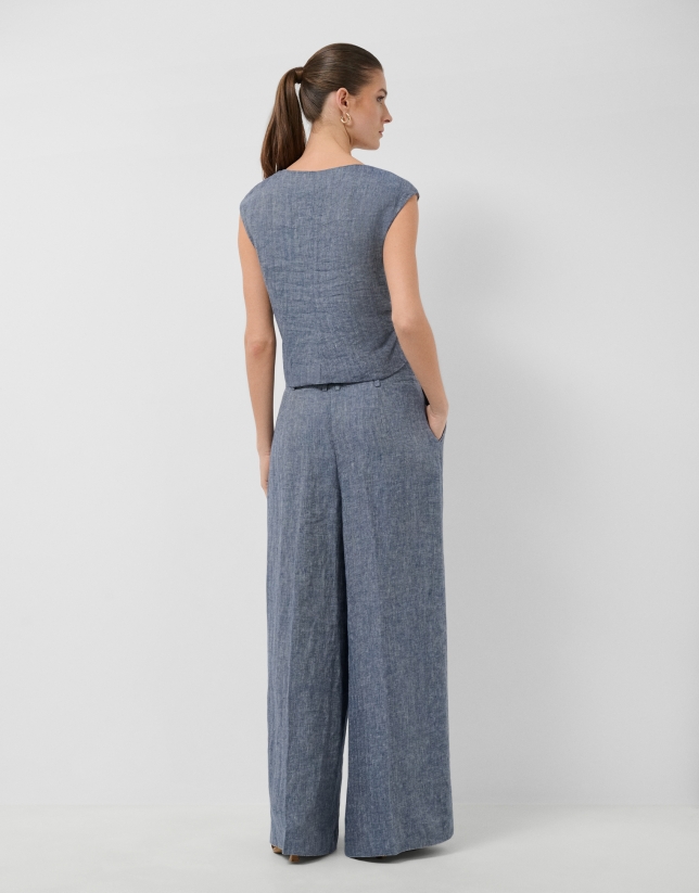 Blusa sin mangas fruncida lino azul