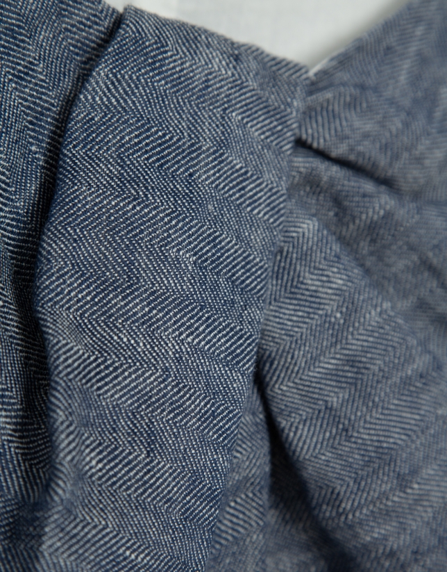 Blue linen gathered sleeveless blouse