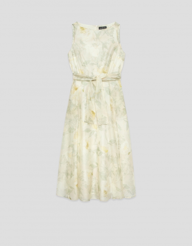 Green and ecru floral print chiffon sleeveless dress