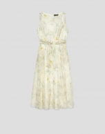 Vestido sin mangas en gasa estampado floral verde y crudo