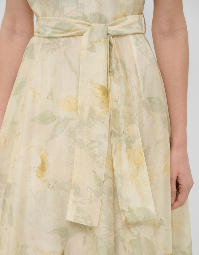 Green and ecru floral print chiffon sleeveless dress