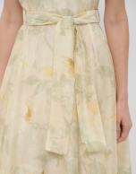 Green and ecru floral print chiffon sleeveless dress