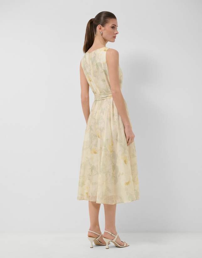 Vestido sin mangas en gasa estampado floral verde y crudo