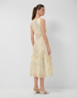 Green and ecru floral print chiffon sleeveless dress