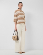 Ecru/camel striped three-quarter sleeve jumper
