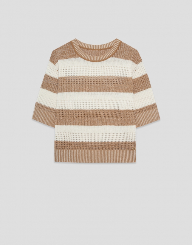 Ecru/camel striped three-quarter sleeve jumper