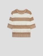 Ecru/camel striped three-quarter sleeve jumper