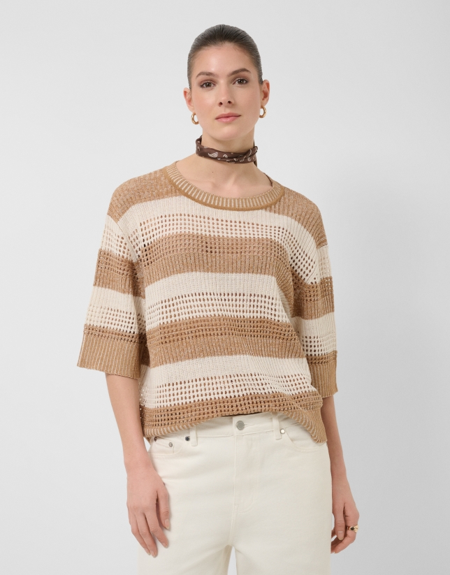 Ecru/camel striped three-quarter sleeve jumper