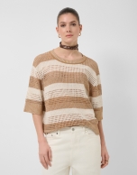 Ecru/camel striped three-quarter sleeve jumper