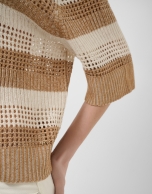 Ecru/camel striped three-quarter sleeve jumper