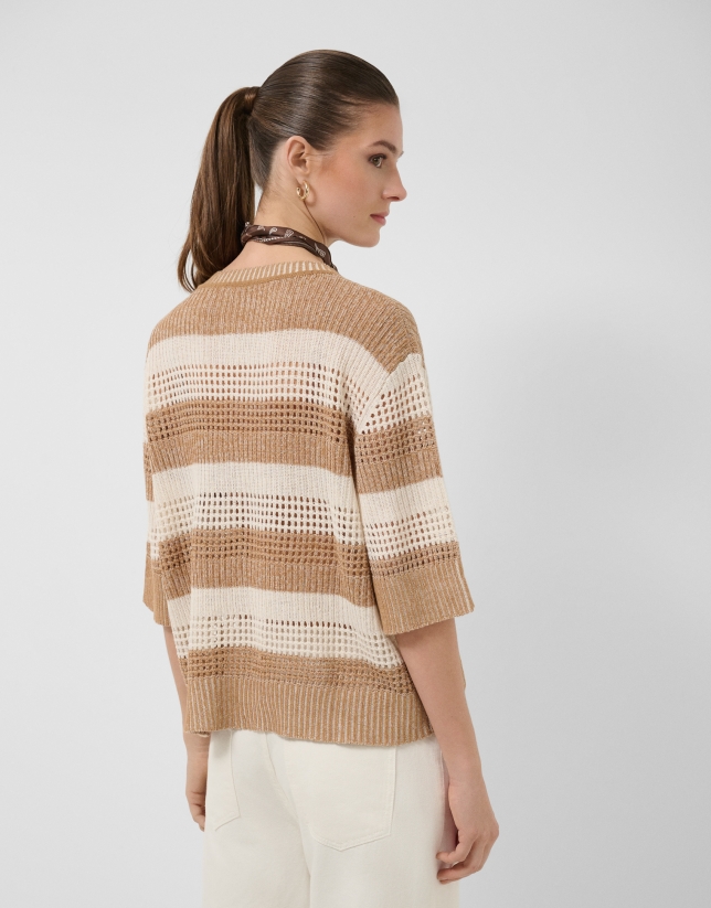 Ecru/camel striped three-quarter sleeve jumper