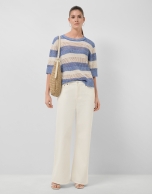 Ecru/blue striped three-quarter sleeve jumper