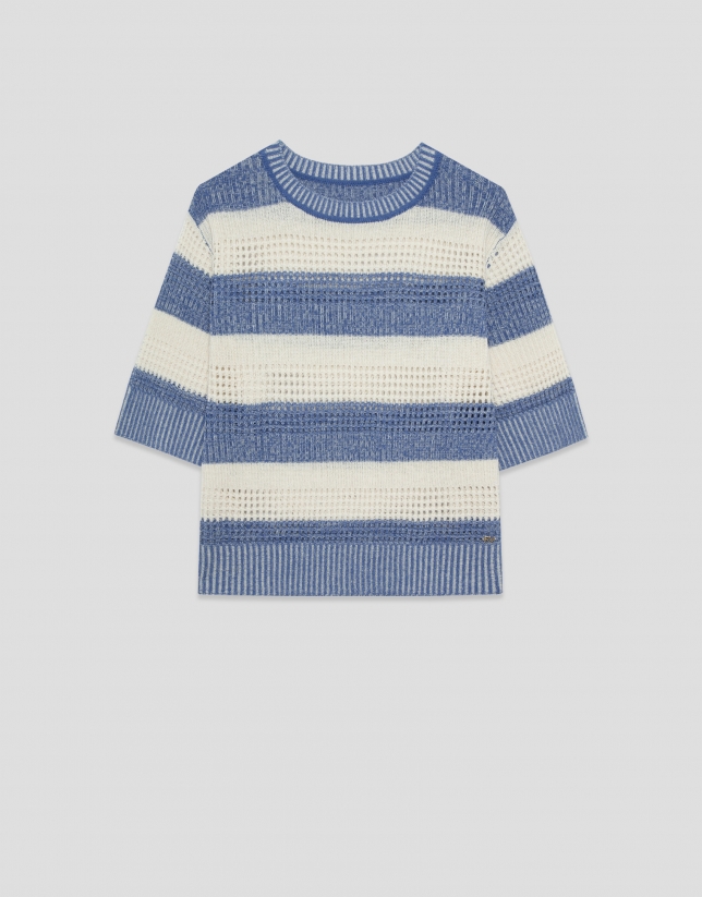 Ecru/blue striped three-quarter sleeve jumper