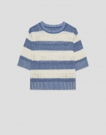 Ecru/blue striped three-quarter sleeve jumper