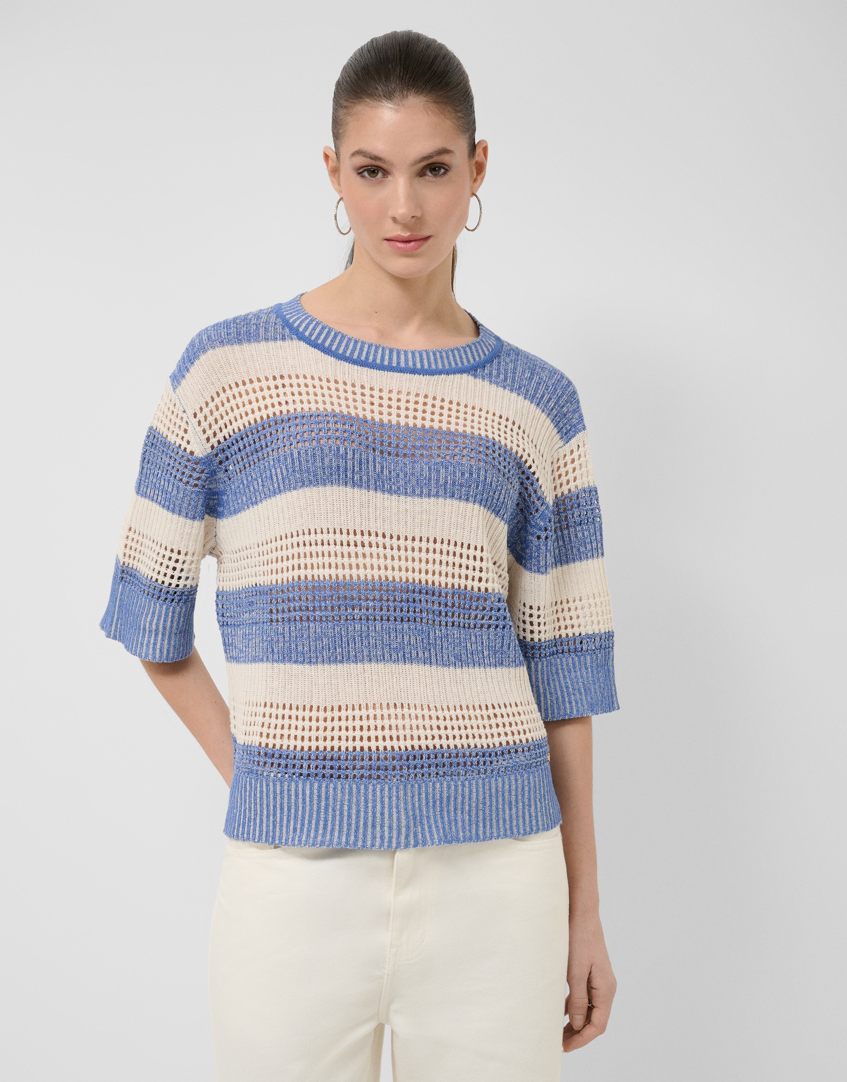 Ecru/blue striped three-quarter sleeve jumper