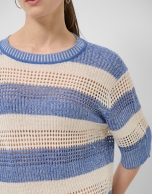 Ecru/blue striped three-quarter sleeve jumper