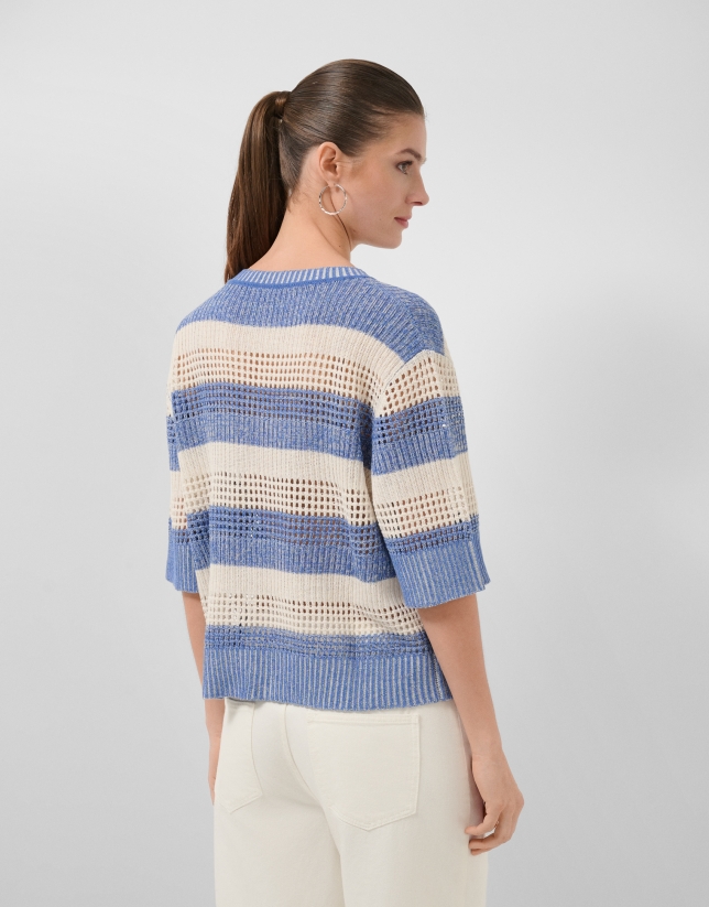 Ecru/blue striped three-quarter sleeve jumper