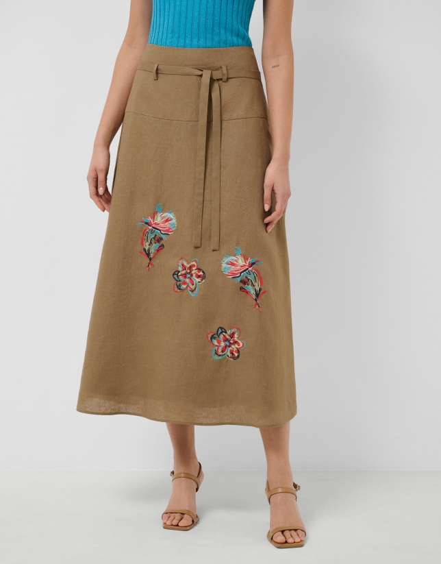 Camel linen midi skirt with floral embroidery