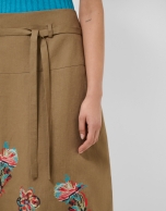 Camel linen midi skirt with floral embroidery