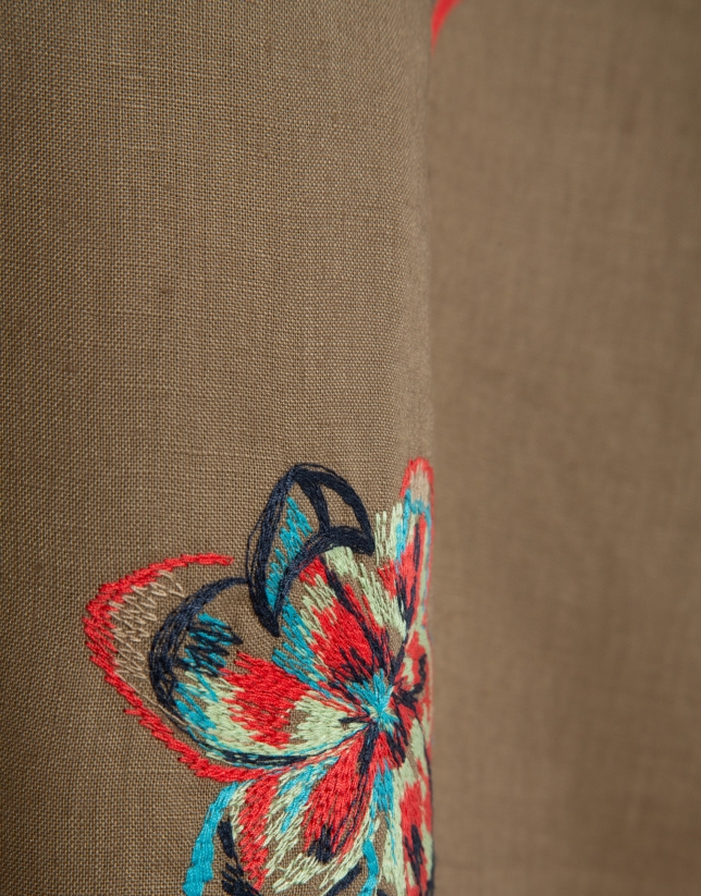 Camel linen midi skirt with floral embroidery