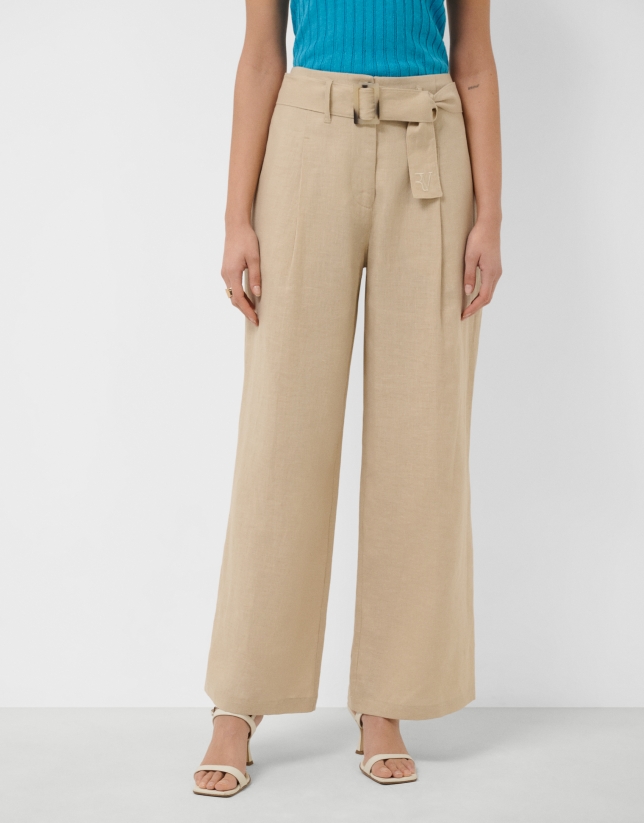 Light beige flowing trousers with belt