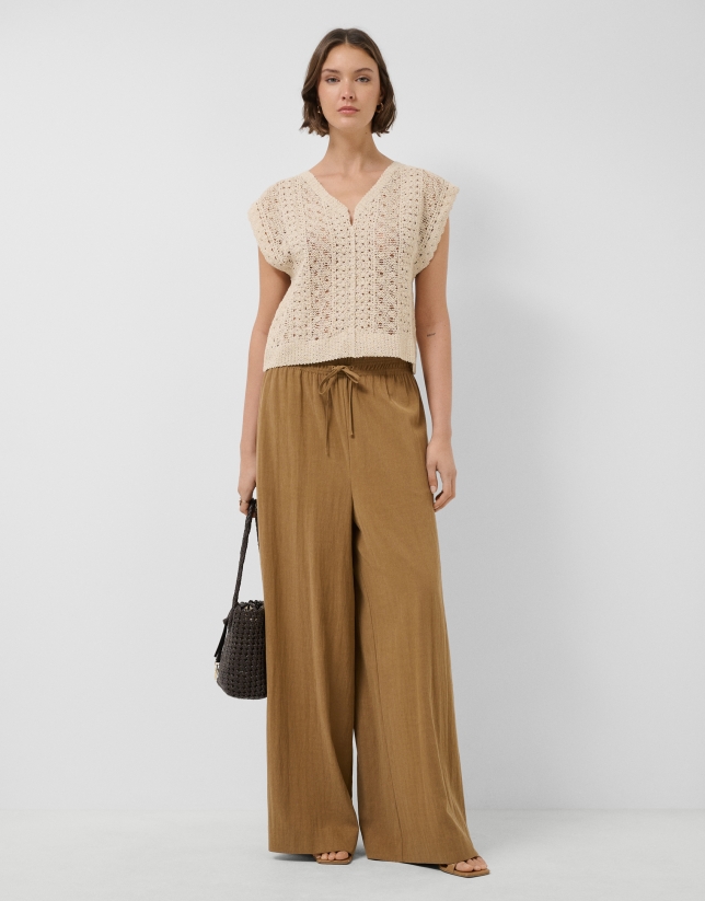 Brown gathered wide-leg trousers