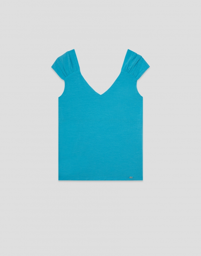 Turquoise blue t-shirt with gathered shoulder